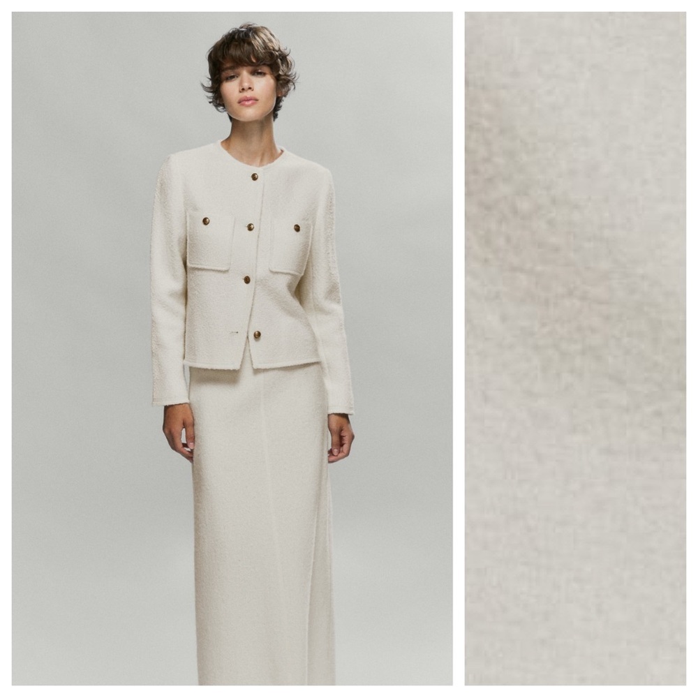 Nwt. Massimo Dutti Cream Wool Blend Textured Elegant Cropped Jacket. Size S.